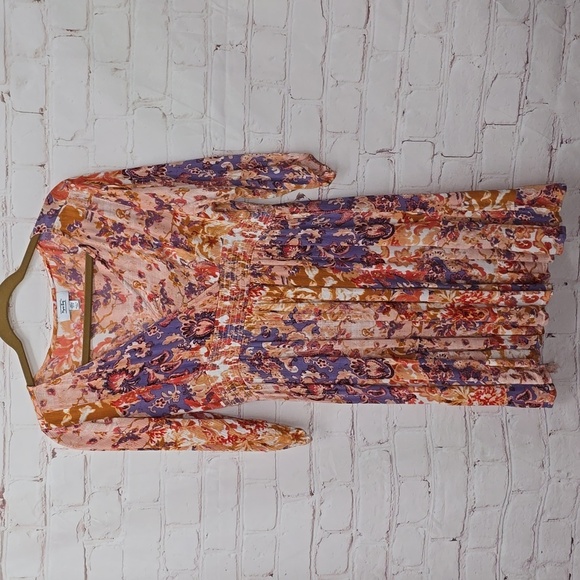 Myra Bag Dresses & Skirts - Myra Bag V-Neck A-Line Orange Purple Floral Elastic Waist Dress Womens Size L